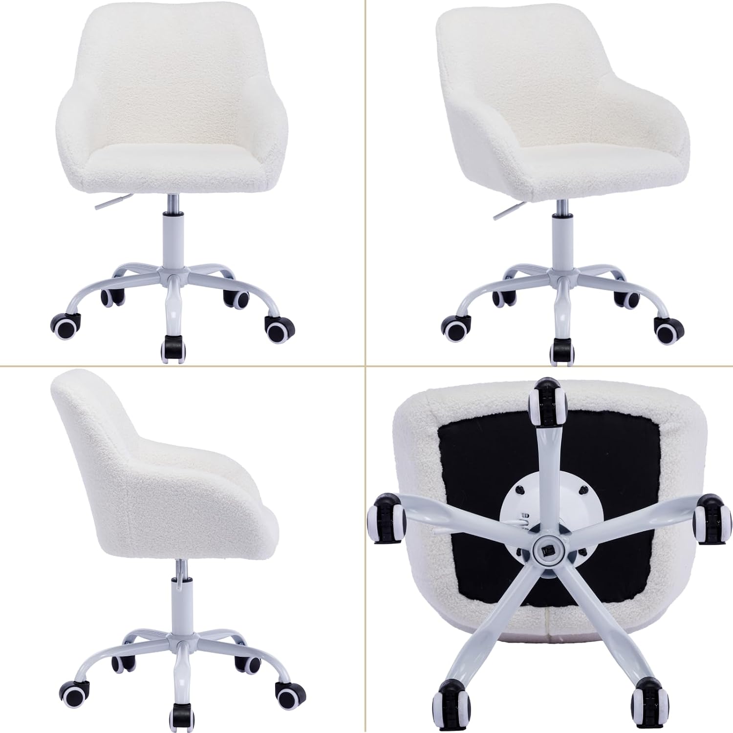Ya-Home Kids Desk Chair Faux Fur Upholstered Swivel Reading Chair, Cute Adjustable Study Chair with White Wheels for Reading Room Bedroom, White