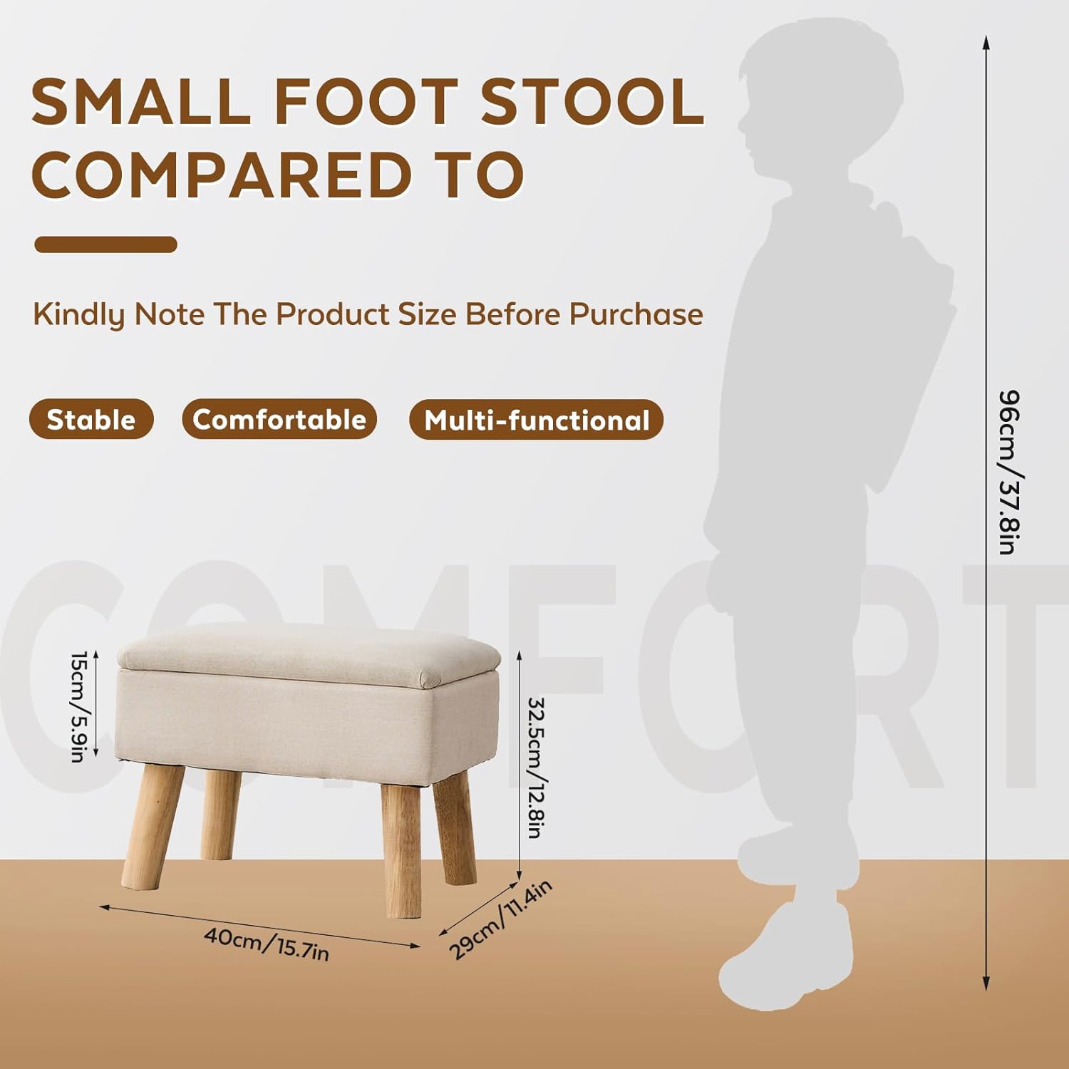 Storage Ottoman, Small Foot Stool Ottoman with Storage, Linen Foot Rest with Wood Legs, Footstool for Living Room, Bedroom, Entryway, Beige