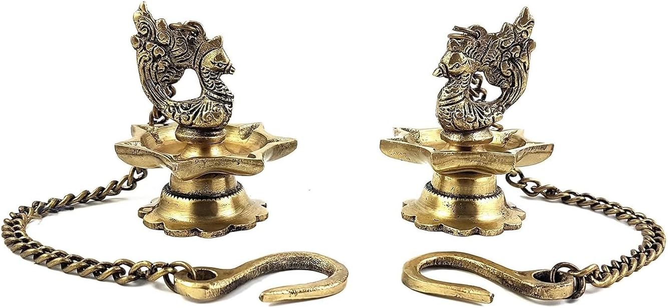 Rasakraft Brass Peacock Carved Hanging Diya Set, Antique Yellow, for Diwali Home Decoration, Pack of 2