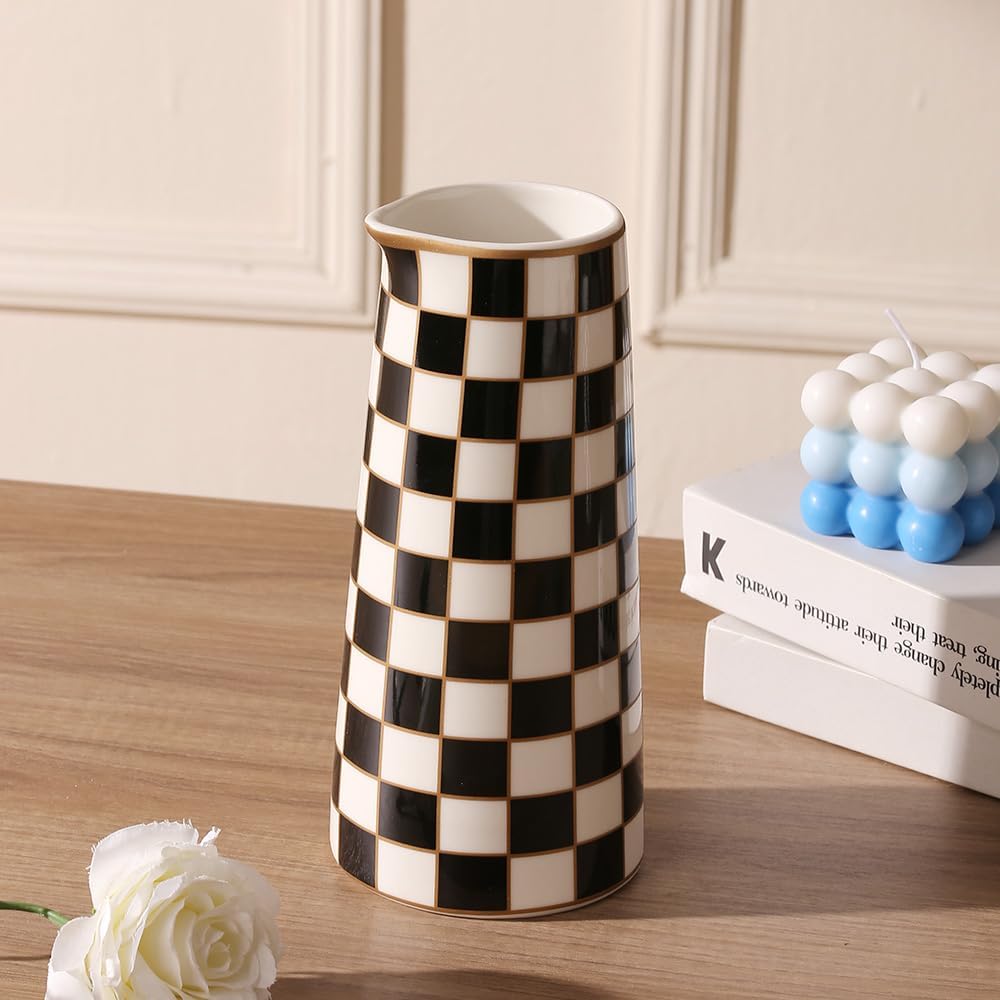 Porlien Checker Porcelain Flower Vase Home Decor Set of 2 with 5.5' High and 8' High Small Indoor Flower Bottles