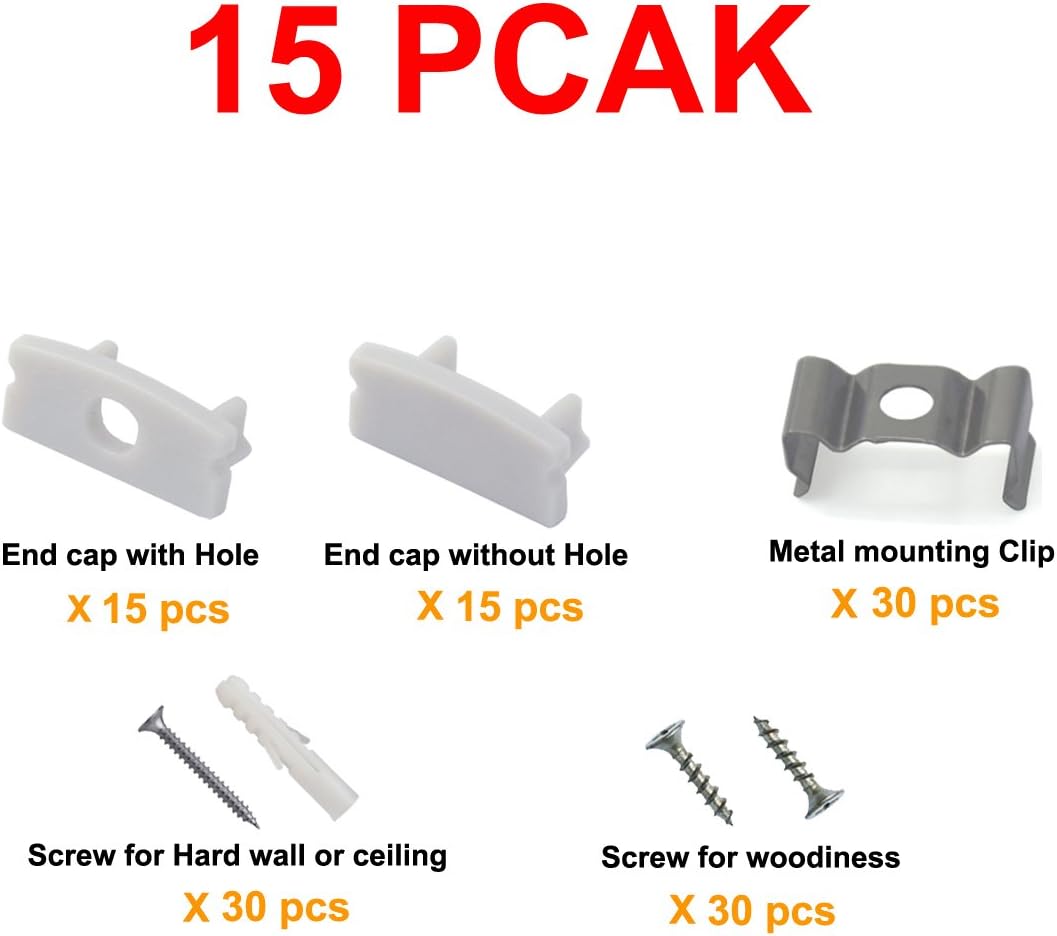 Hunhun 15-Pack End Caps and Mounting Clips for Hunhun U Shape LED Aluminum Channel System (U channel type)