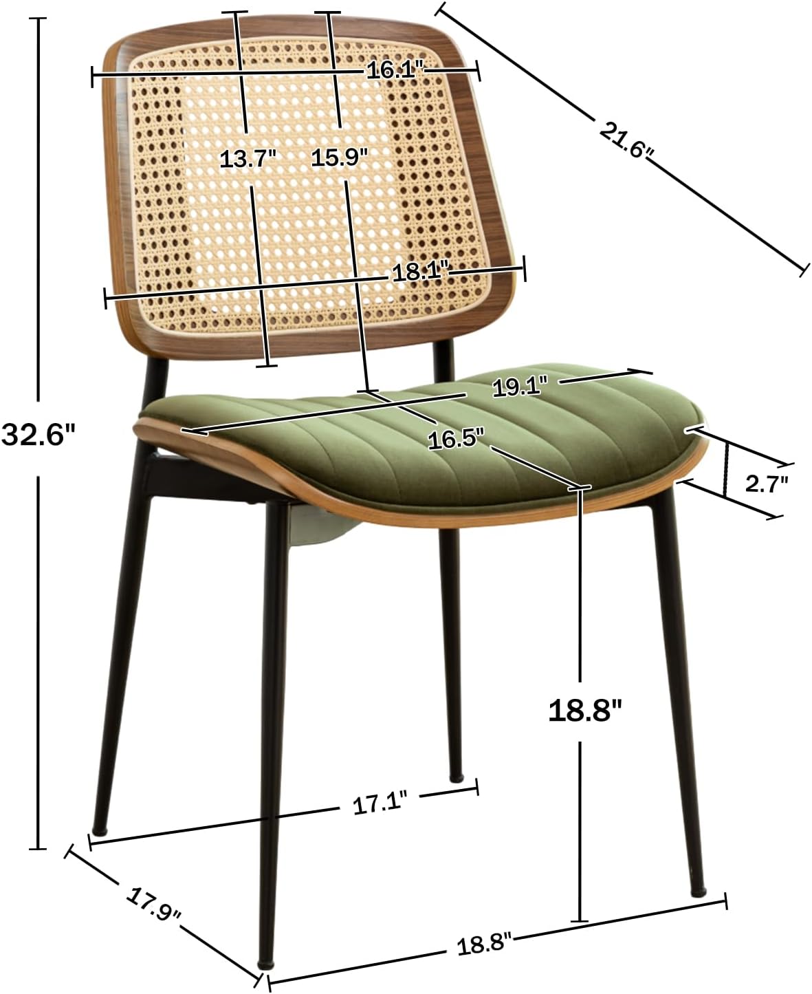 Rattan Dining Room Chairs Set of 2, Mid Century Modern Kitchen Chairs,Green Velvet Walnut Wood Finish Side Chair, Metal Legs Chair with Rattan Backrest,Green Fabric