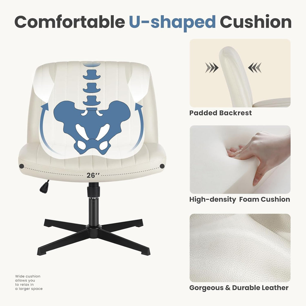 DUMOS Criss Cross Chair No Wheels, Wide Seat Cross Legged Office Desk Vanity Chair, Faux Leather Armless Height Adjustable Swivel Task Computer Chairs for Home, Study, Beige PU