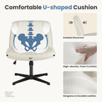 DUMOS Criss Cross Chair No Wheels, Wide Seat Cross Legged Office Desk Vanity Chair, Faux Leather Armless Height Adjustable Swivel Task Computer Chairs for Home, Study, Beige PU