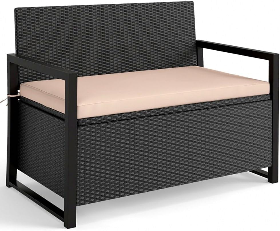 Outdoor Storage Bench PE Rattan Woven Rattan Pattern Brown 24.5x46x33.5in 40Gal Compartment 800lb Capacity Seat Cushion Included
