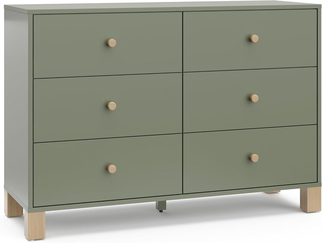 Storkcraft California 6-Drawer Double Dresser, Olive with Driftwood | GREENGUARD Gold Certified, Wood Dresser, Spacious Storage Organizer for Kids Bedroom, Safety Interlocking Drawer System