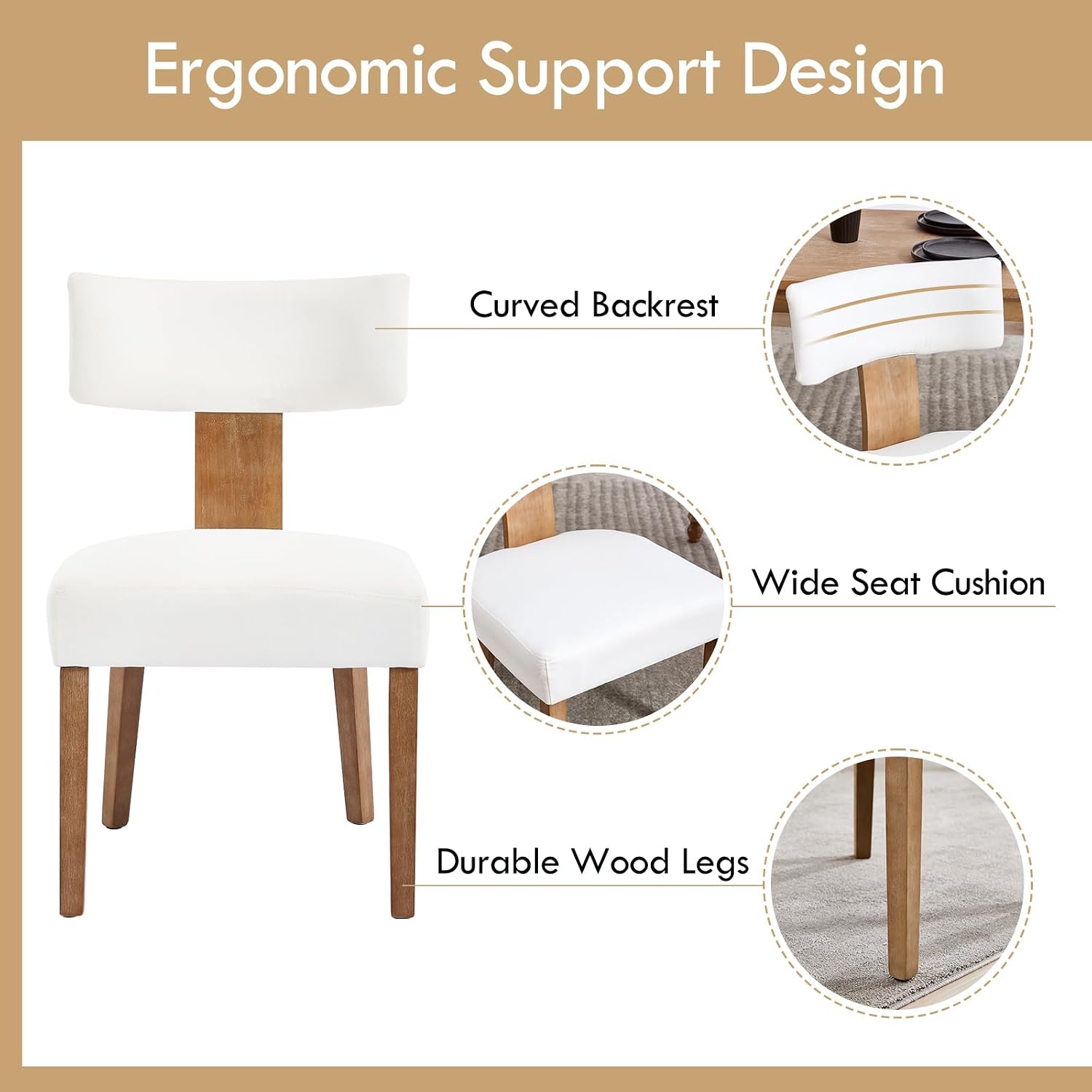 Mid Century Modern Dining Chairs Set of 4, Linen Fabric Upholstered Dining Chairs with Wood Legs, Farmhouse Kitchen Chair Armless, Comfy Side Chairs for Dining/Living Room/Kitchen, Cream