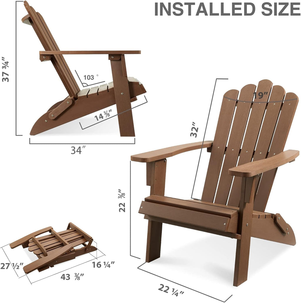 Folding Adirondack Chair, Polystyrene, Durable & Weather Resistant Outdoor Adirondack Chair for Lawn and Garden, Easy Assembly, 350 Ibs Capacity(Brown, 2 pcs)