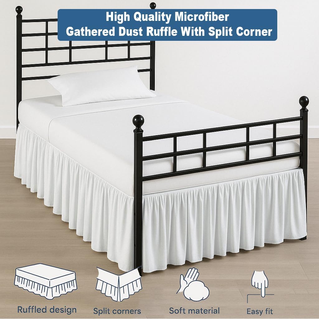 Mattress-Homes Ruffled Bed Skirt Split Corners with Platform, Tailored Fit Hotel Quality Wrinkle Free Ultra-Soft Microfiber Dust Ruffle, Upto 18 Inch Drop, Queen, White