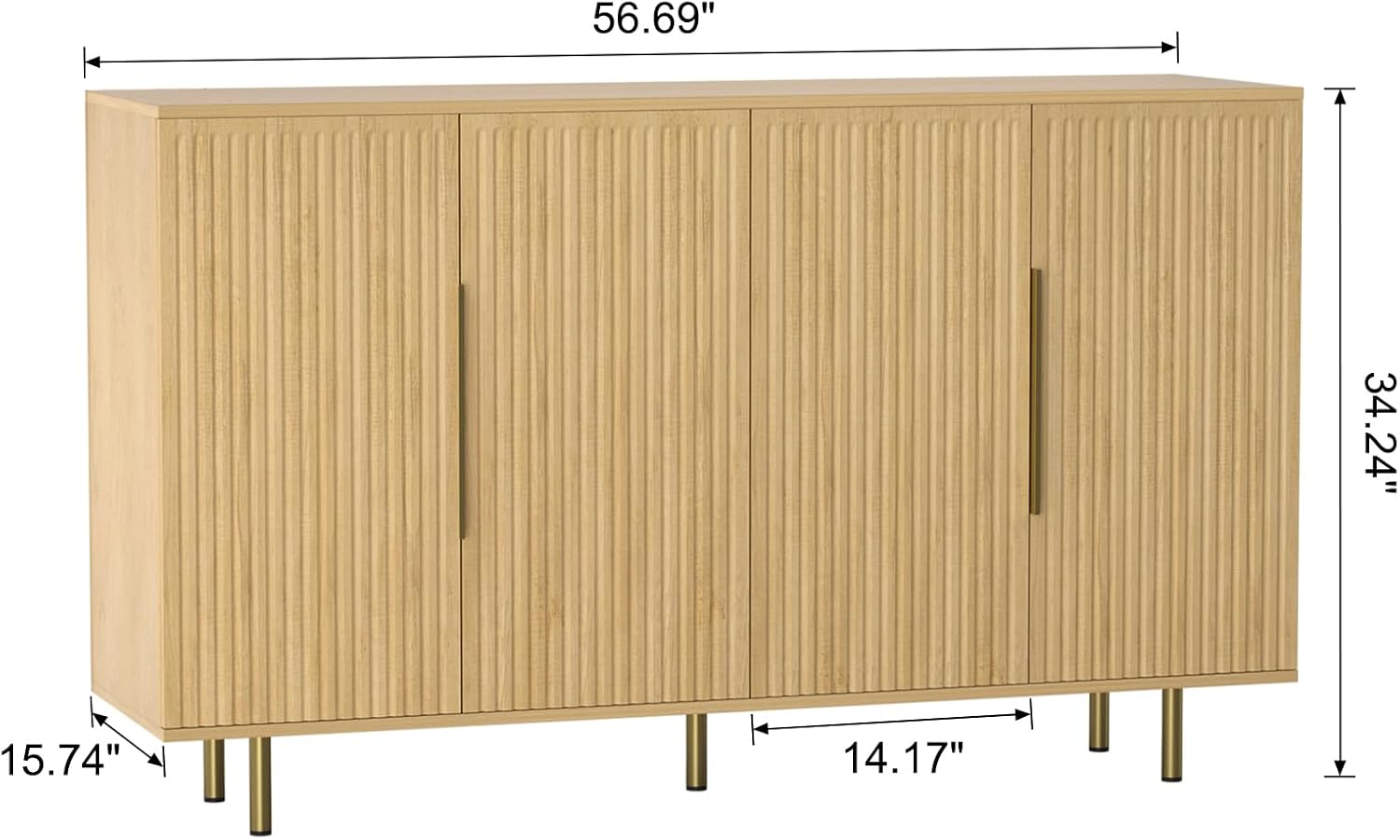 Sideboard Cabinet, 56" Large Buffet Cabinet with Storage, Wood Credenza Storage Cabinet with 4 Fluted Decorative Doors and Adjustable Shelves, for Living Room, Kitchen, Entryway, Oak