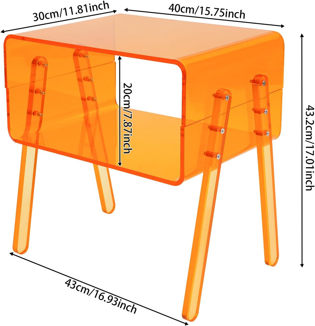 Acrylic Side Table, 2-Tier End Table with Open Storage, Modern Nightstand for Small Spaces, Easy-Clean Bedside Table for Living Room Bedroom Office (Orange)