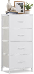 4 Drawers Dresser for Bedroom Fabric Storage Tower with Wooden Top | Steel Frame Tall Chest of Drawers for Closet, Entryway, Dorm, White