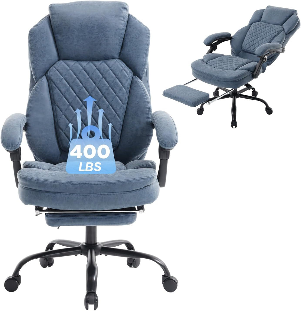 Fully Reclining Office Chair with Footrest, Mid Century Modern Faux Leather Blue Office Desk Chair with Foot Rest for Home Office