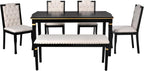 Merax 6-Piece Kitchen Dining Table Set, 60" Rectangular Table with 4 High-Back Tufted Upholstered Chairs & 1 Bench, Rubberwood Legs Modern Elegant Farmhouse for Kitchen Room, Black