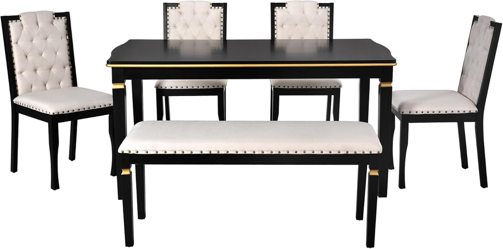Harper & Bright Designs 6-Piece Kitchen Dining Table Chairs Set, 60" Rectangular Table and 4 High-Back Tufted Chairs & 1 Bench for Dining Room and Kitchen (Black)