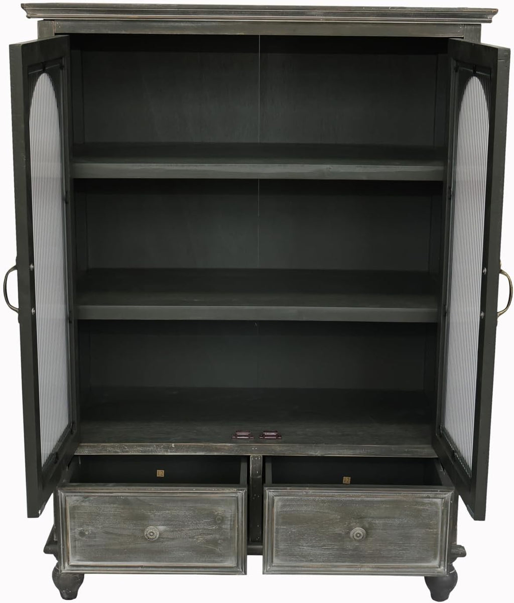 48" Farmhouse Sideboard Buffet Cabinet with 2 Drawers & 2 Glass Doors, Vintage Wood Credenza with Fixed Shelves, Kitchen Storage Cabinet for Dining Room & Living Room, Black+Grey