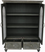 48" Farmhouse Sideboard Buffet Cabinet with 2 Drawers & 2 Glass Doors, Vintage Wood Credenza with Fixed Shelves, Kitchen Storage Cabinet for Dining Room & Living Room, Black+Grey