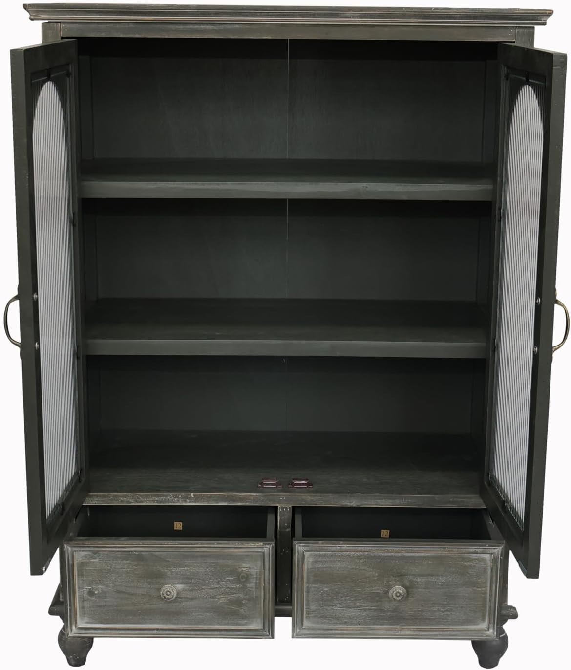48" Farmhouse Sideboard Buffet Cabinet with 2 Drawers & 2 Glass Doors, Vintage Wood Credenza with Fixed Shelves, Kitchen Storage Cabinet for Dining Room & Living Room, Black+Grey