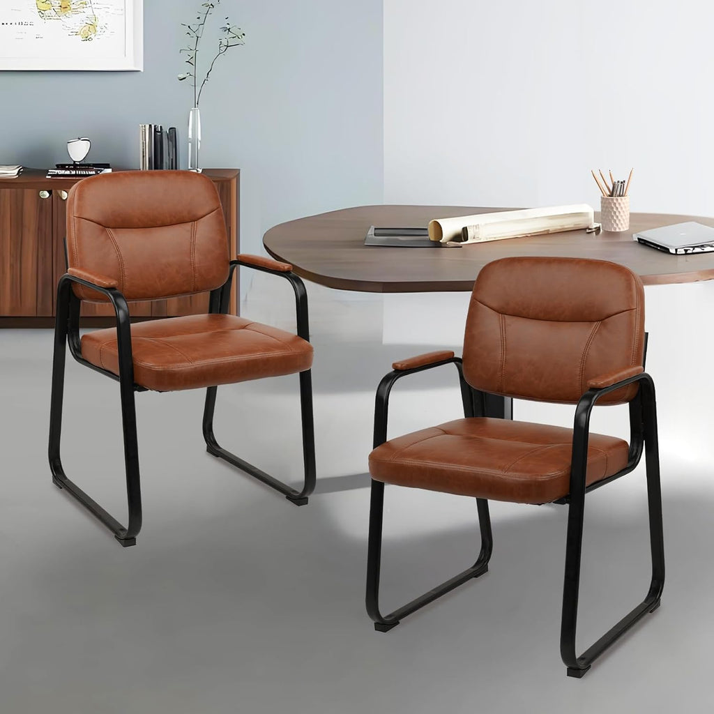 CLATINA Reception Chair Set of 4, Leather Guest Chair with Padded Arms and Sled Base, Waiting Room Chair No Wheels, Computer Desk Chair for Office, Home, Break Conference Meeting Room, School, Brown