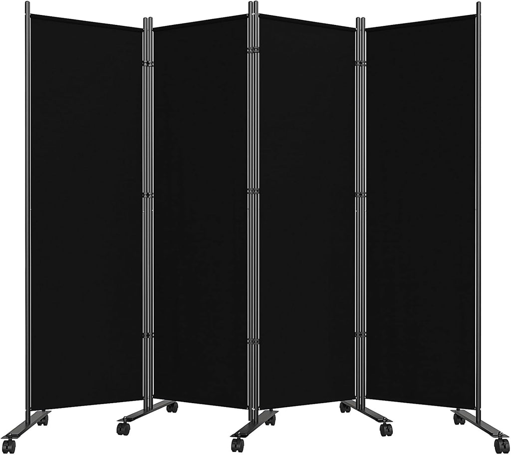 SUNALLY Room Divider 6FT Folding Privacy Screens with Lockable Wheels, 4 Panel Room Partition for Room Separator, 88" W Freestanding Portable Fabric Wall Dividers for Home Dorm Studio Office, Black