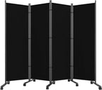 SUNALLY Room Divider 6FT Folding Privacy Screens with Lockable Wheels, 4 Panel Room Partition for Room Separator, 88" W Freestanding Portable Fabric Wall Dividers for Home Dorm Studio Office, Black