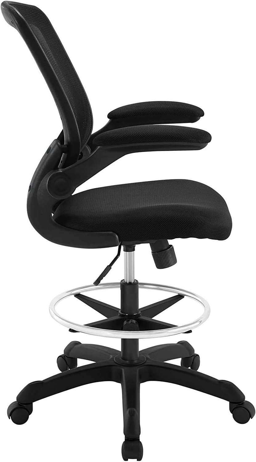 Pemberly Row Mesh Back Drafting Stool, Black Finish, Adjustable Height with Pneumatic Gas Cylinder, Flip-Up Arms, Foam Seat with Mesh Fabric, Ergonomic Tall Chair for Studio or Office Use