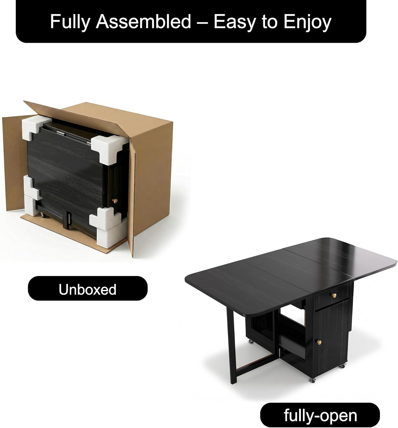 Small Foldable Dining Table - 59" Fully Assembled Drop Leaf Tables for Small Spaces with Storage & Lockable Wheels, 4-6 Seater Space-Saving Furniture for Dining Room, Black