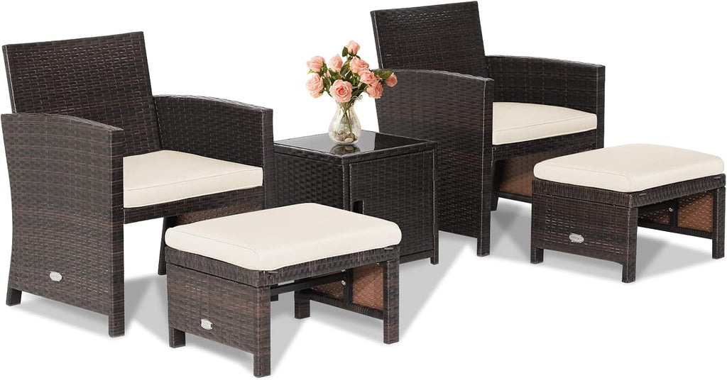 COSTWAY 5PCS Patio Rattan Furniture Set, Cushioned Sofa Chairs with Ottomans and Side Table, Outdoor Wicker Conversation Sets for Deck Backyard Garden Porch, White