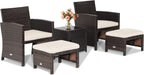 COSTWAY 5PCS Patio Rattan Furniture Set, Cushioned Sofa Chairs with Ottomans and Side Table, Outdoor Wicker Conversation Sets for Deck Backyard Garden Porch, White