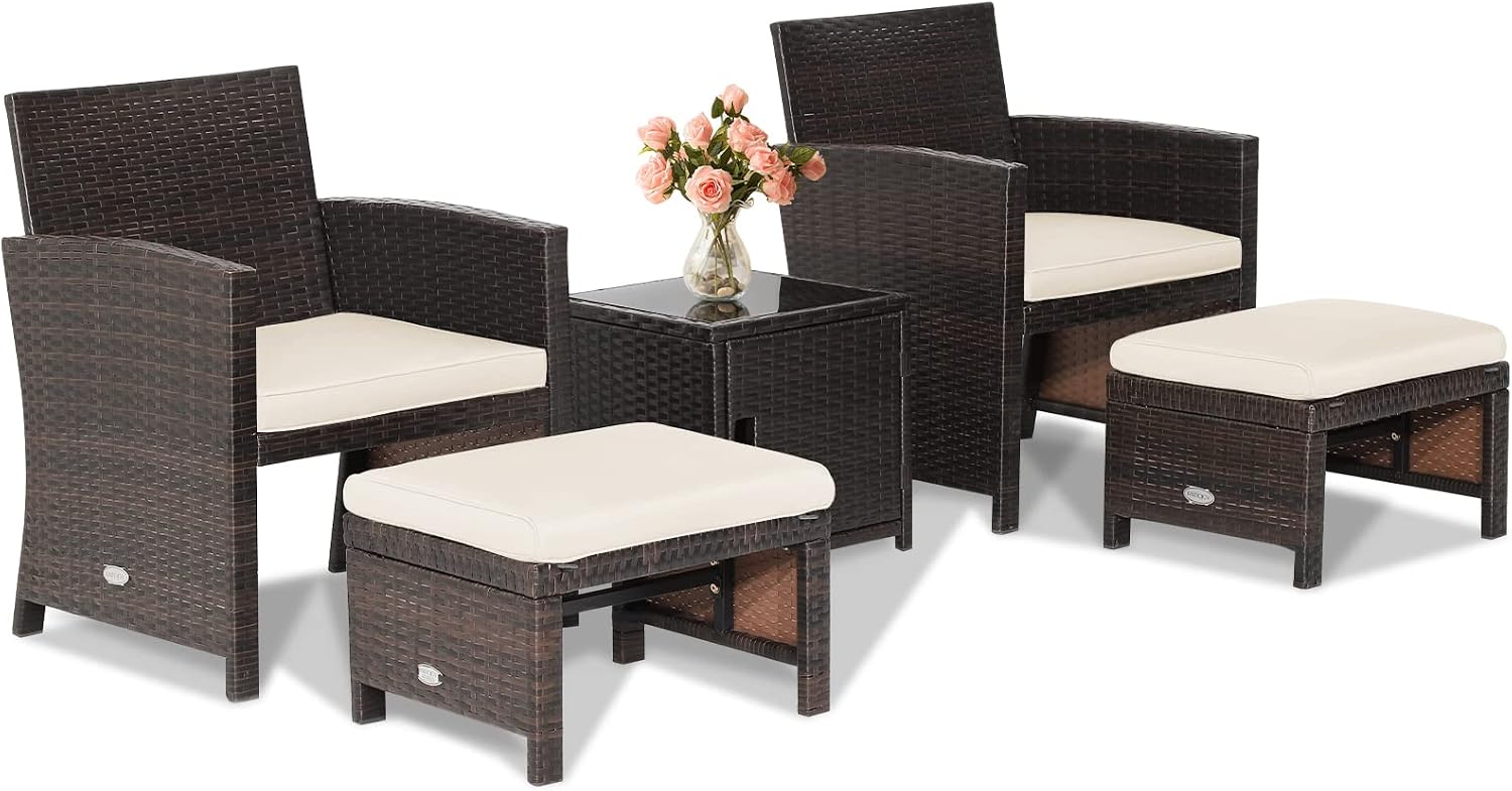 COSTWAY 5PCS Patio Rattan Furniture Set, Cushioned Sofa Chairs with Ottomans and Side Table, Outdoor Wicker Conversation Sets for Deck Backyard Garden Porch, White