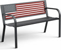 Outdoor Bench, Sturdy Metal Garden Bench with Classic Stars and Stripes Design Metal Backrest, 2-Person Patio Bench for Outside Seating, Cast Iron Steel Porch Yard Lawn Furniture, Red