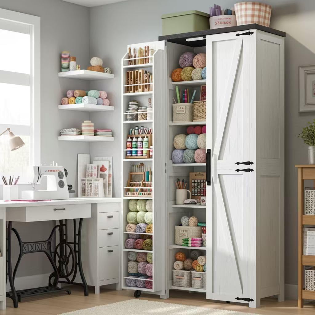 Furnaza Kitchen Pantry Cabinets - 72" Tall Craft Storage Cabinet with LED Lights, Adjustable Shelves Sewing Organizer for Craft Room/Dinning Room or Living Room, in Grian White
