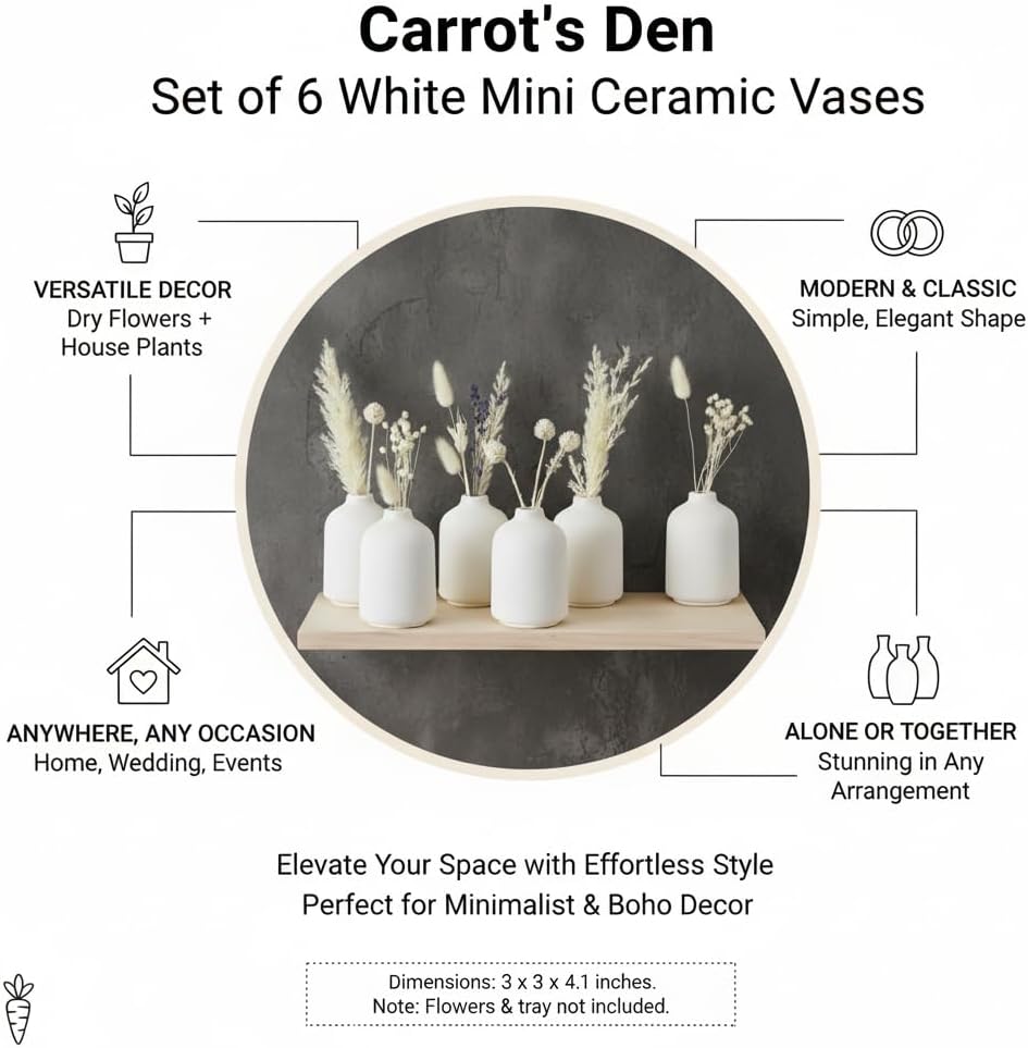 Carrot's Den - Set of 6 White Mini Ceramic Vases for Home Decor | Boho Bud Vases in Bulk for Dry Flowers + House Plants | Wedding, Home, Centerpiece, Modern, Japandi, Farmhouse, Minimalist