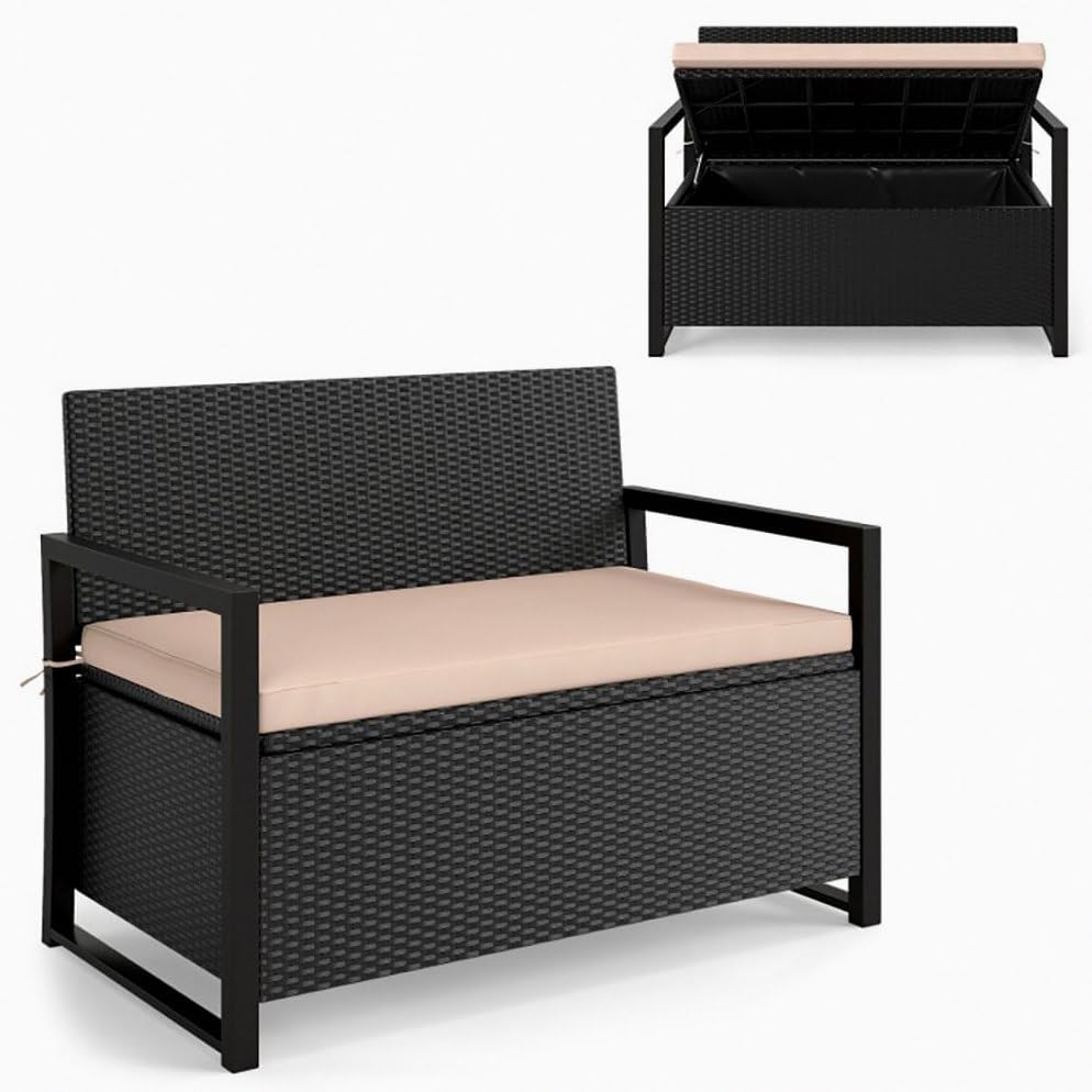 PE Rattan Metal Frame Rustic Storage Bench with 40 Gal Compartment 800lb Capacity Weather-Resistant 24.5x46x33.5in for Patio - Brown