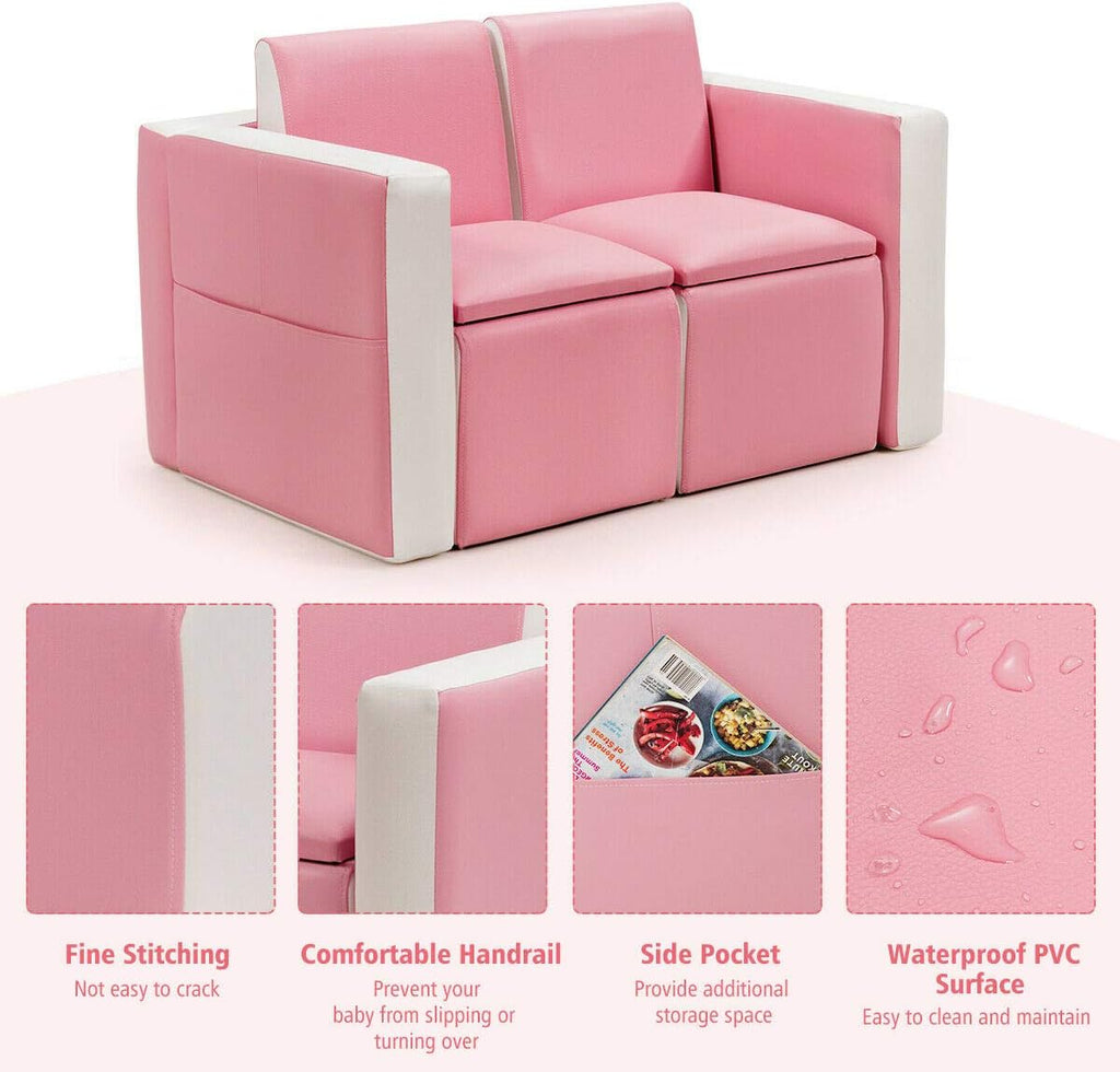 Costzon Kids Couch, 2 in 1 Double Seat Children's Sofa Convert to Table and Two Chairs for School, Storage Space, PVC Surface, Large Soft Kids Preschool Sofa Couch for Boys Girls Gifts (Pink)