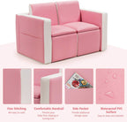 Costzon Kids Couch, 2 in 1 Double Seat Children's Sofa Convert to Table and Two Chairs for School, Storage Space, PVC Surface, Large Soft Kids Preschool Sofa Couch for Boys Girls Gifts (Pink)