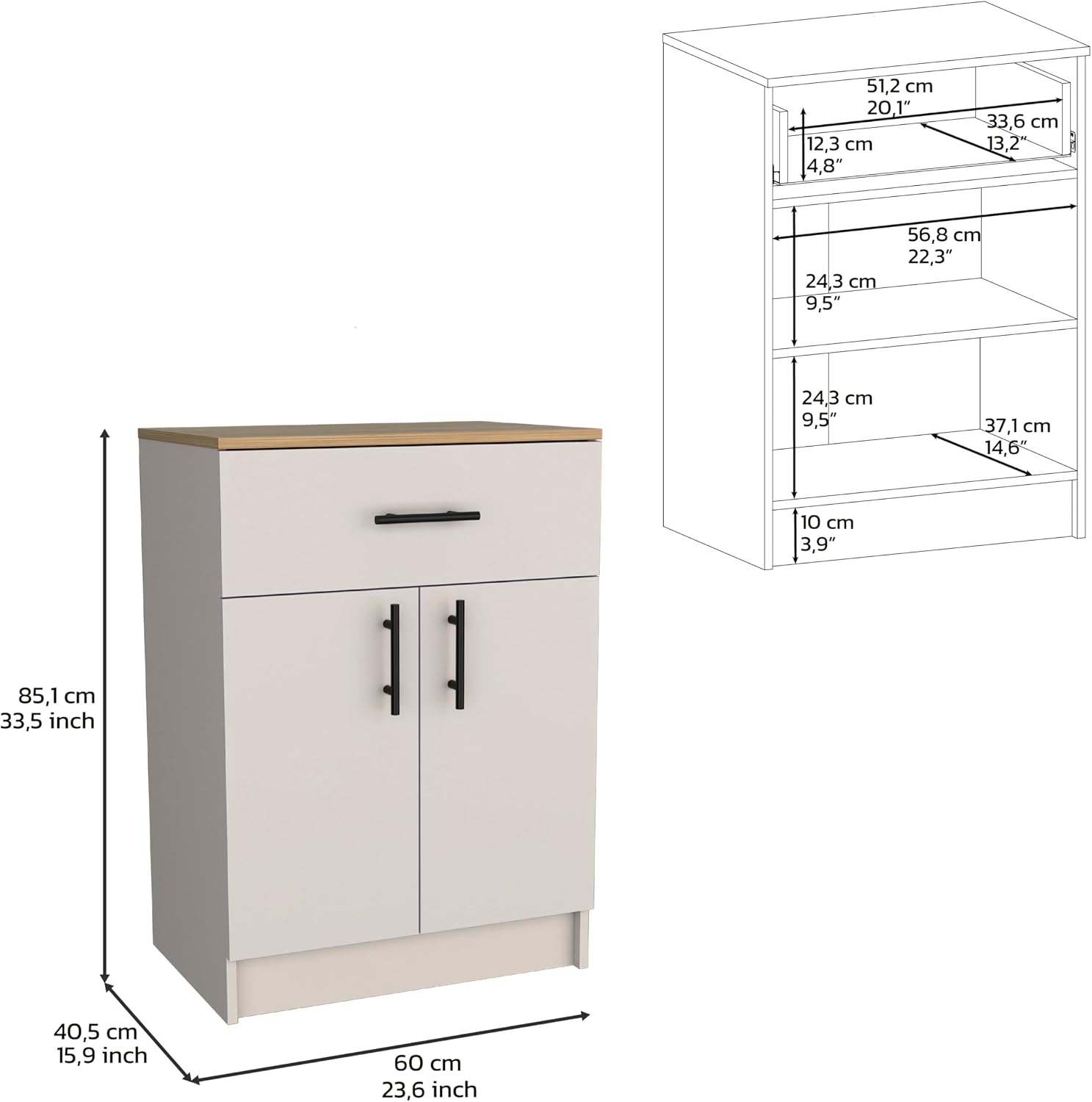 Pantry Organizer Cabinet, 33" H with Drawer, Shelves & Doors, Ivory/Natural Oak, Kitchen Storage Solution