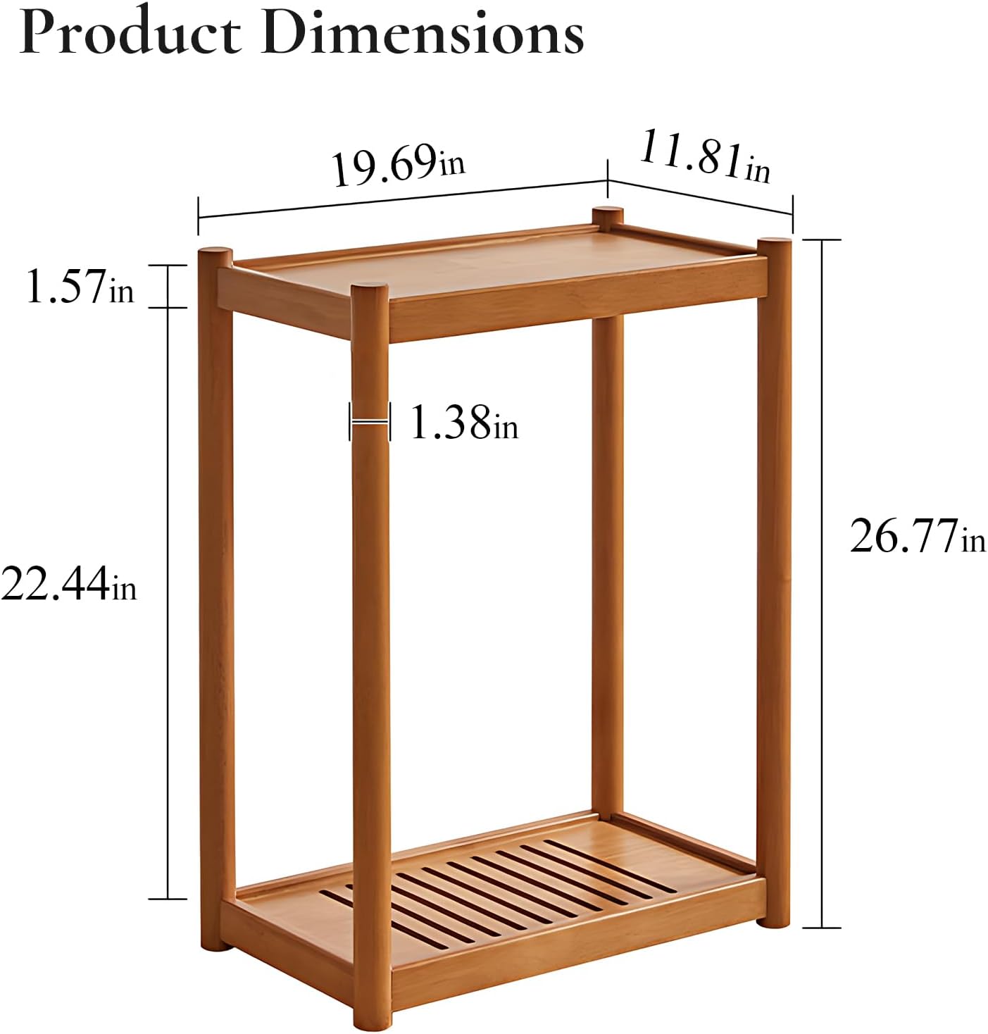 Side Table, Solid Wood Narrow End Table with Storage Shelf and Wheels, 2-Tier Sofa Table for Living Room, Rubber Wood Indoor Plant Stand, 26.8 H x 11.8 W x 19.7 D Inches (Natural)