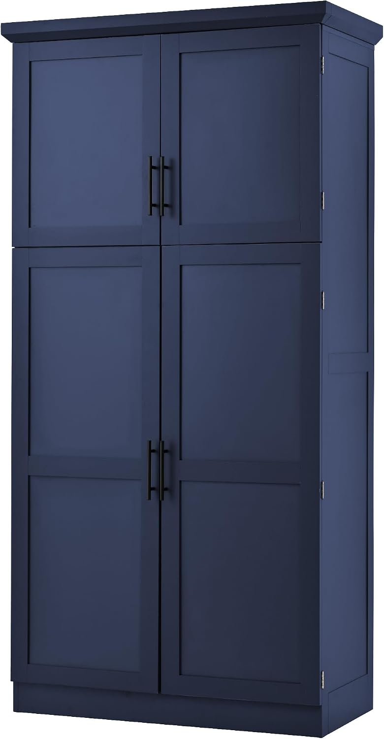 Tall 4 Doors Kitchen Pantry Cabinet with 8 Pull-Out Trays, Freestanding Pantry Storage Cabinet with 2 Door Shelves and Adjustable Shelf for Kitchen, Dining Room (Blue)