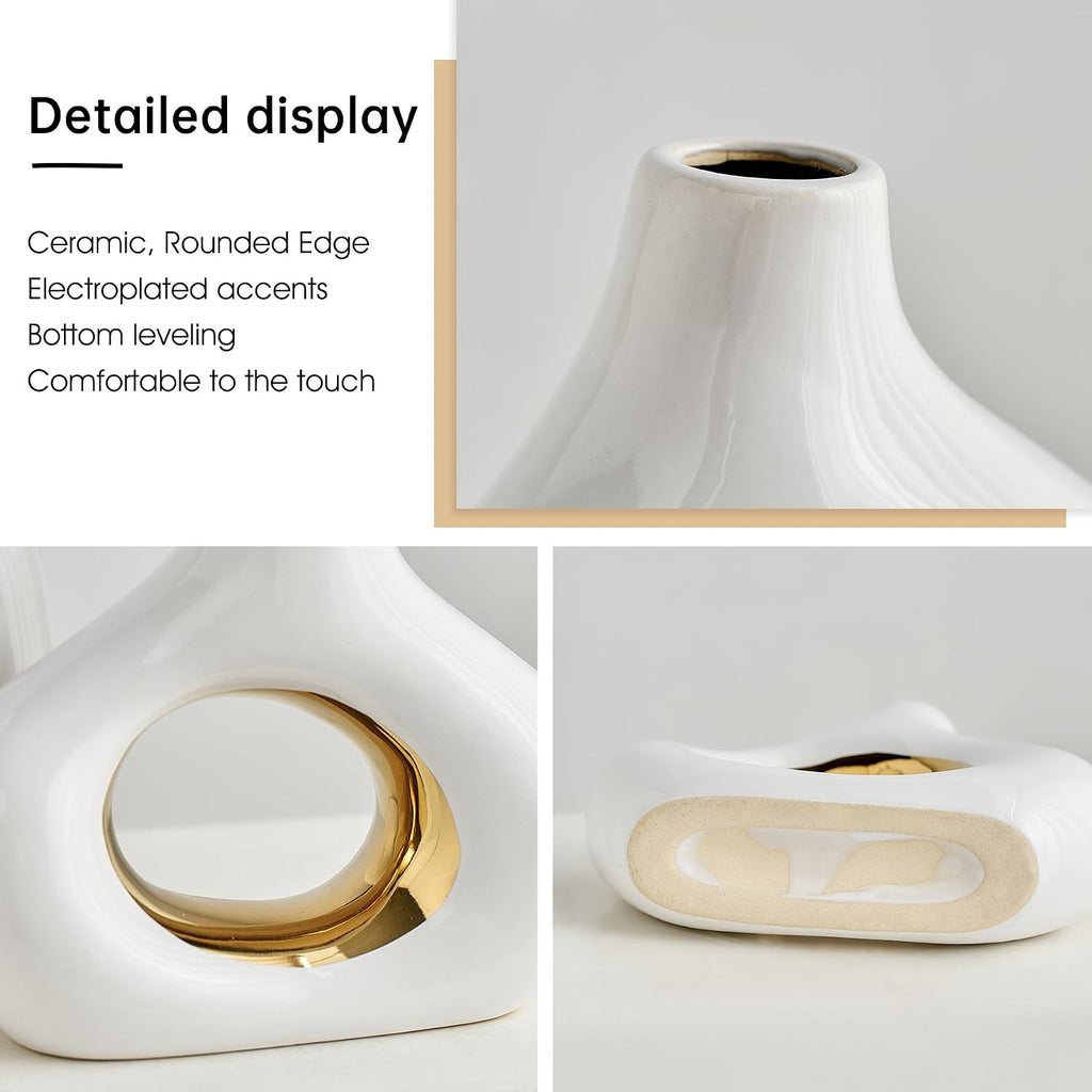 Modern Ceramic Donut Vase: Set of 2 -Minimalist Nordic White and Gold Hollow Vase Home Decor for Kitchen Dining Table Centerpieces Living Room Bederoom Entryway Wedding