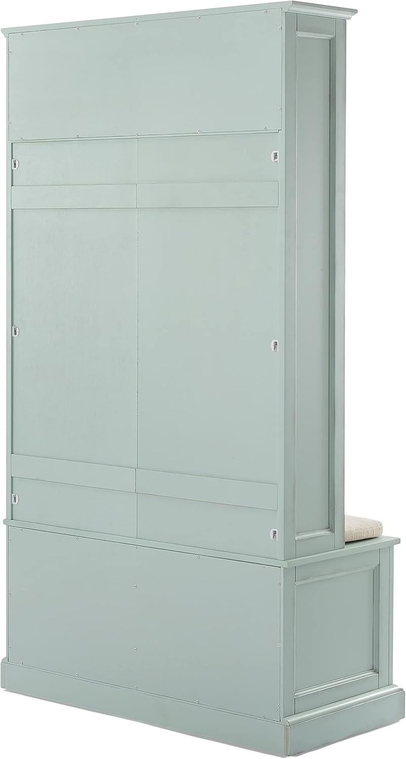 Crosley Furniture Holbrook Hall Tree with Shoe Rack Bench and Coat Hooks for Hanging Storage, Distressed Seafoam Blue