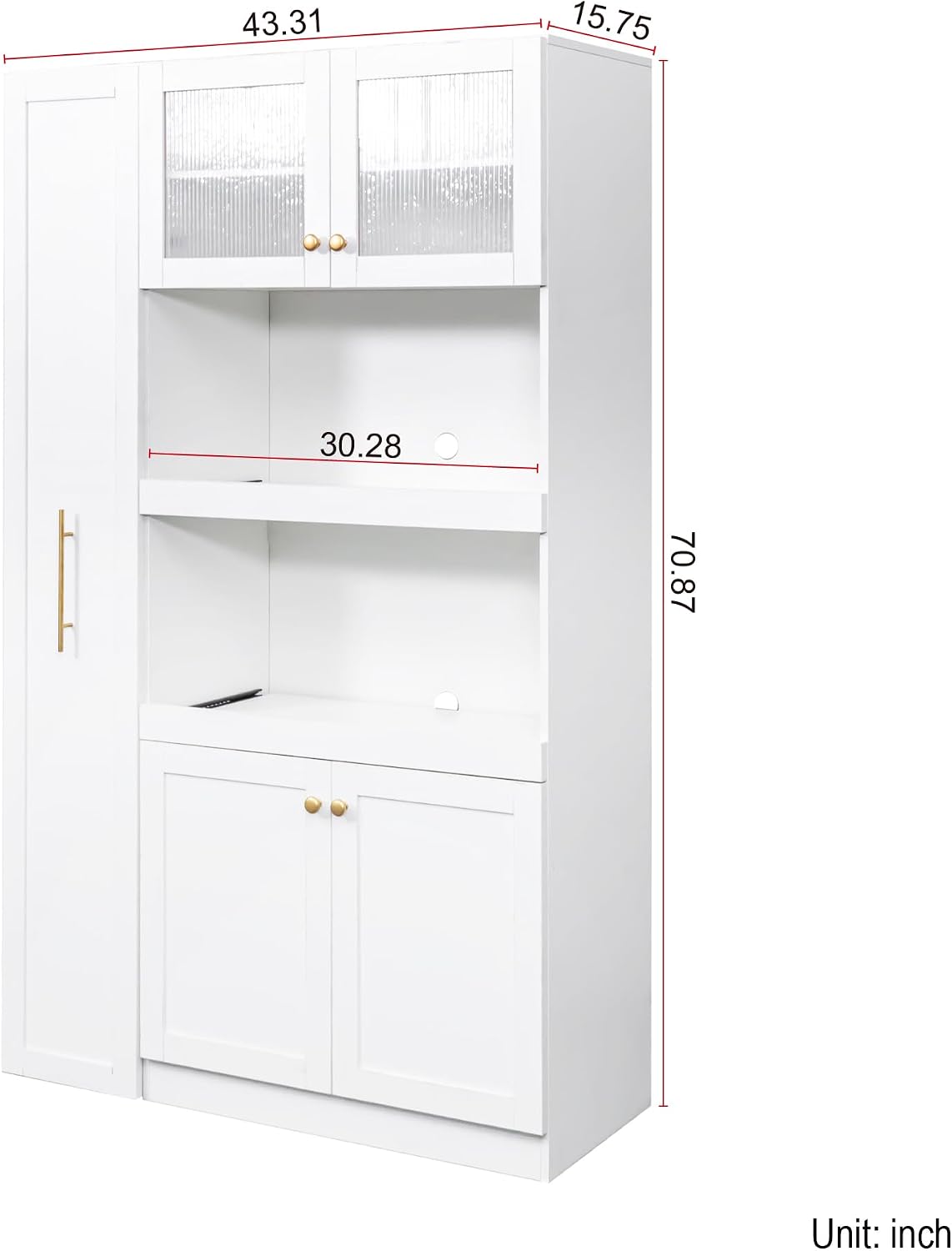 Kitchen Pantry Cabinet with Multi-Tier Pull-Out Shelf, Farmhouse Storage Cabinet with 4 Doors, Expandable Pull-Out Organizers, Freestanding Pantry Hutch for Kitchen Dining Room Living Room