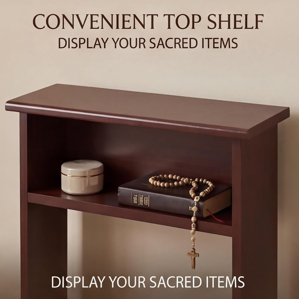 Solid Wood Prayer Bench with Cushion and Shelf, Prayer Kneeler Stool for Home and Church, Meditation Bench 19.6x16.9x31.5in with Storage Table