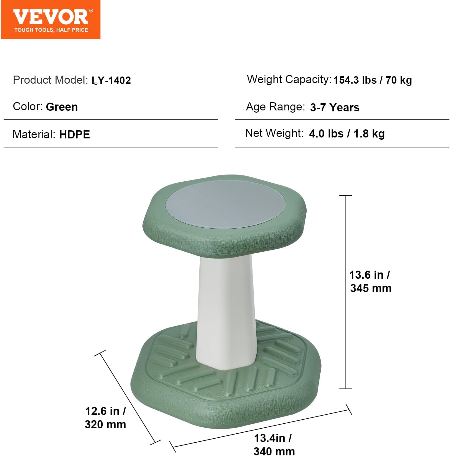 VEVOR Kids Wobble Chair Active Chair with Sponge Cushion, Wobble Stool Improves Focus, Posture and Calm Children, Ideal for Schools and Preschools, Age 3-7, Green
