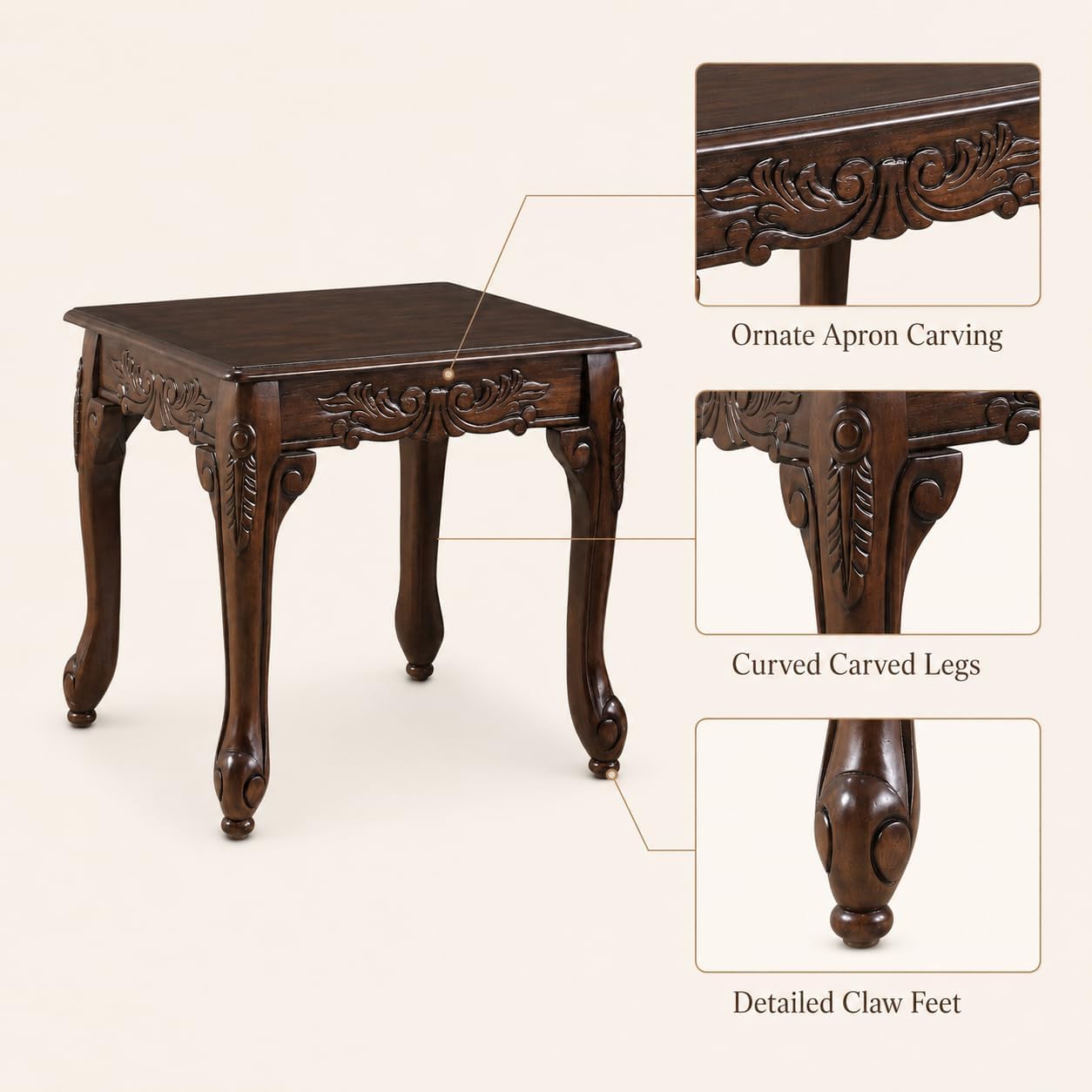 Traditional Dark Cherry Wood End Table with Claw Feet Ornate Vintage Side Table for Living Room Bedroom Sofa Side Accent Table Classic Furniture