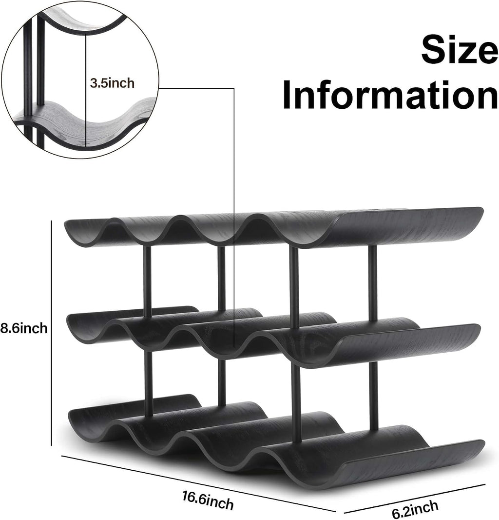 Countertop Wine Rack - 12 Bottle Freestanding Wine Bottle Holder Stand - 3 Tier Wooden Wine Storage Rack - Black Wavy Wine Organizer for Cabinet Pantry Home Kitchen Bar
