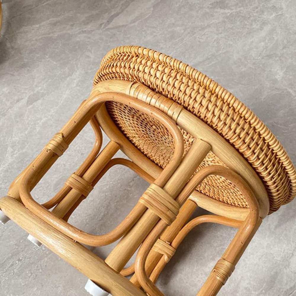 Bohemian Rattan Side Table, Round Wicker Accent Table, Small Bamboo End Table for Living Room, Balcony, or Bedroom Décor(Large)