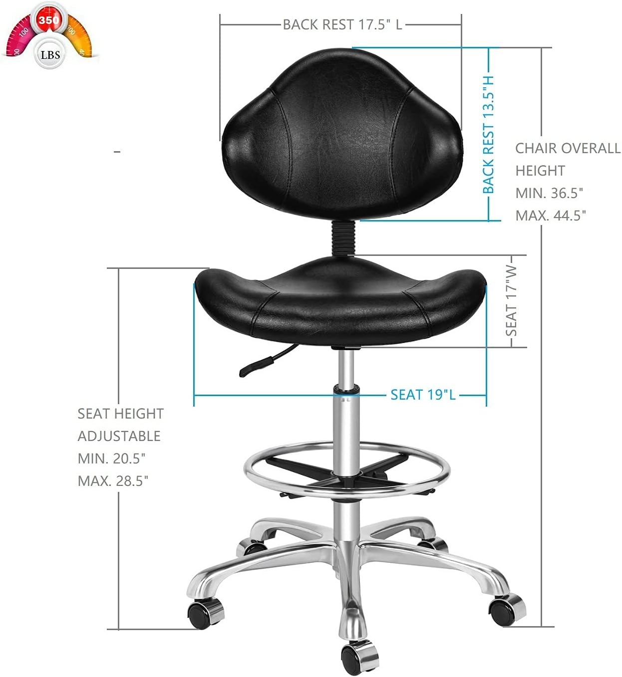 Kaleurrier Ergonomic Drafting Chair with Back Support,Multi-Functional Height Adjustable Swivel Rolling Stool,Multi-Purpose Home Office Desk Chair (Black)