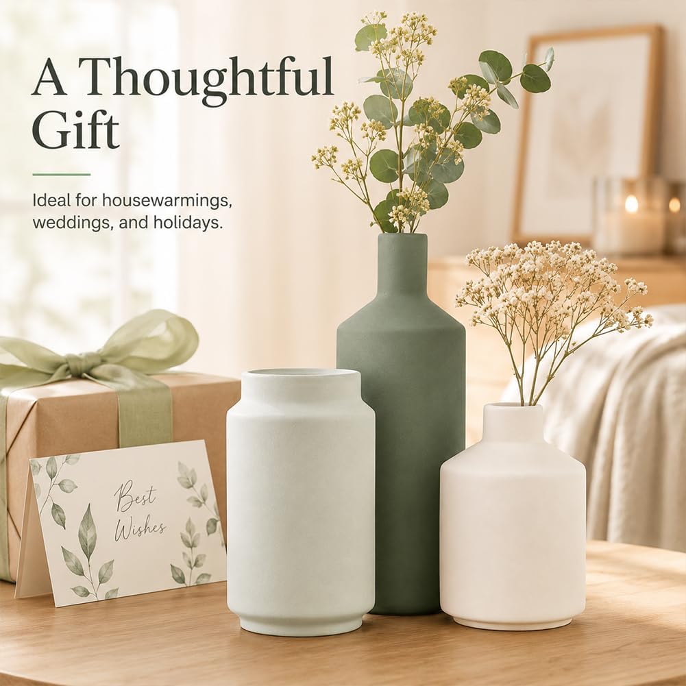Modern 3 Piece Ceramic Vase Set - Minimalist Home Decor Vases for Living Room, Bedroom, or Entryway - Modern Neutral Table Decor for Flowers or Greenery, Shelf and Mantel Accent