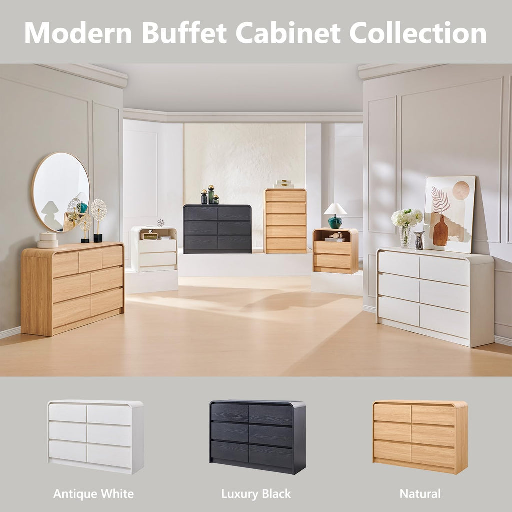 Aitjunz Modern Sideboard Buffet Cabinet with 6 Storage Drawers, 47" Wide Large Kitchen Buffet Cabinet w/Curved Profile Design, 33.8'' Tall Wood Coffee Bar Table for Dining Room, Antique White